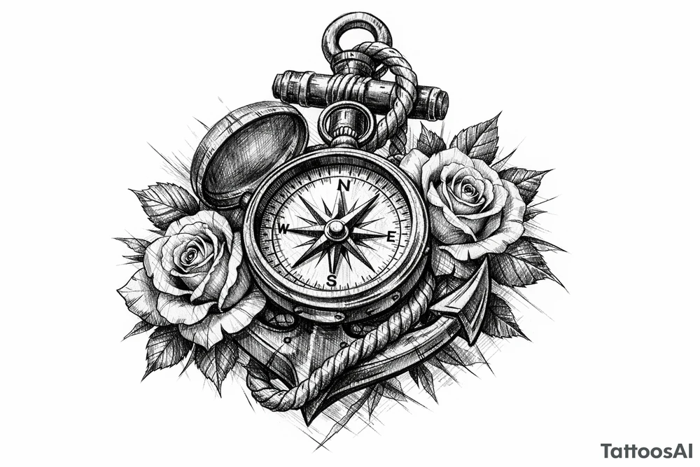 a compass,anchor,roses. tattoo idea