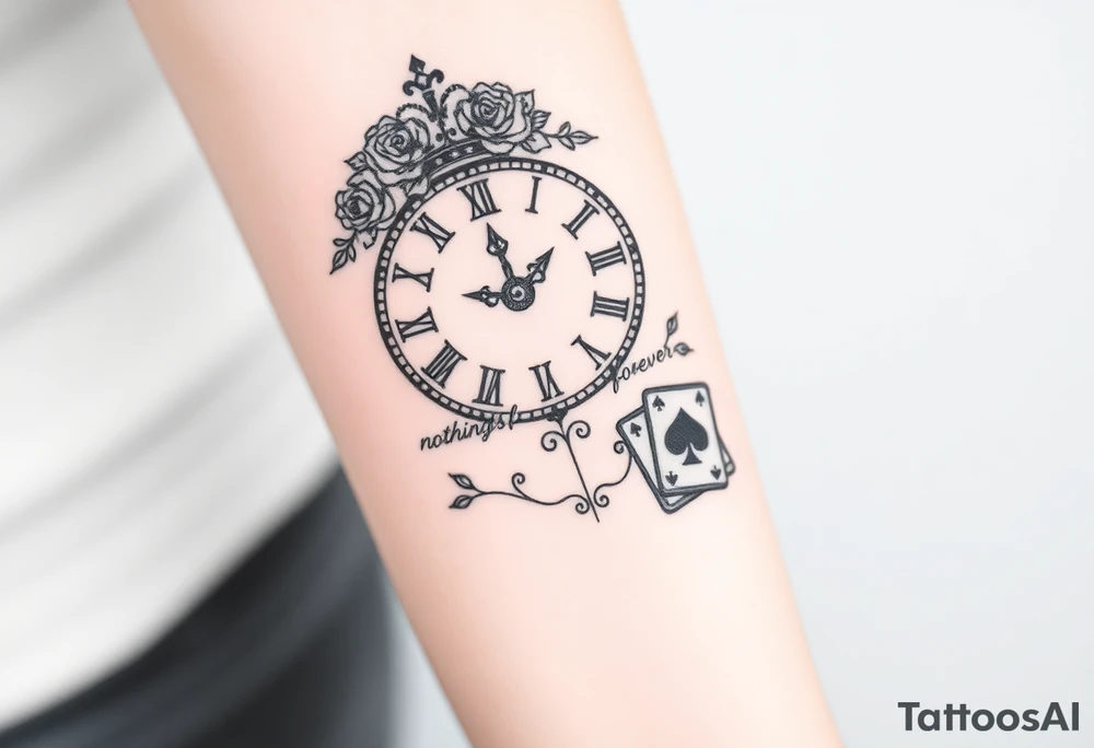 Roman clock with roses and a crown, a quote that says nothings forever. and on the bottom a deck of cards tattoo idea
