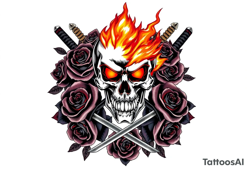 A skull burning intensely, katanas crossed, surrounded by dark roses. tattoo idea