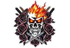 A skull burning intensely, katanas crossed, surrounded by dark roses. tattoo idea