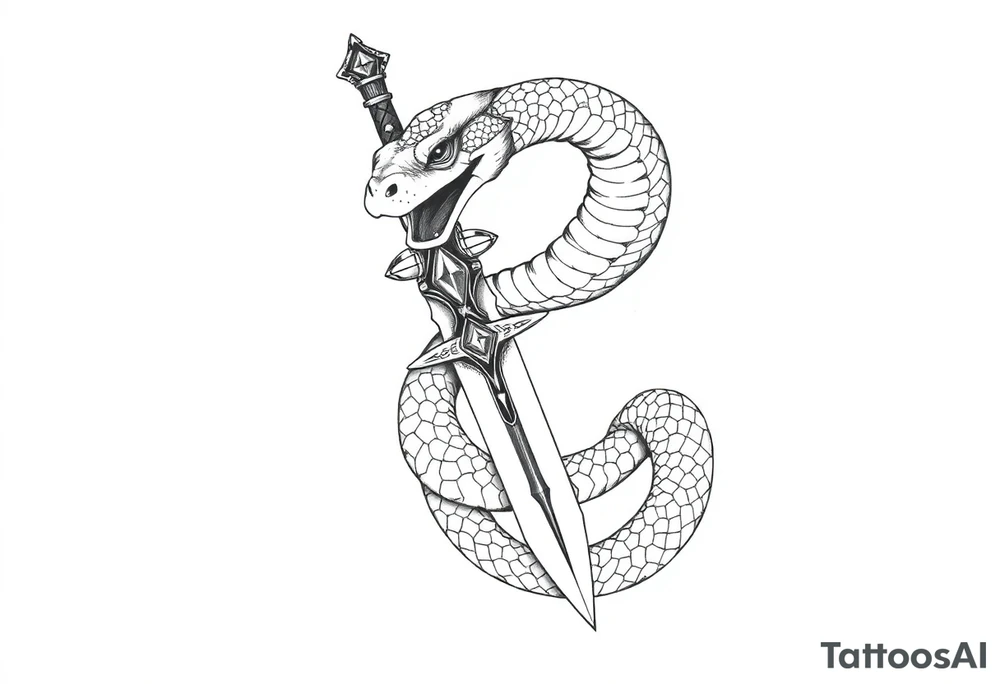 mystical snake coiled around an ancient dagger with jeweled hilt tattoo idea