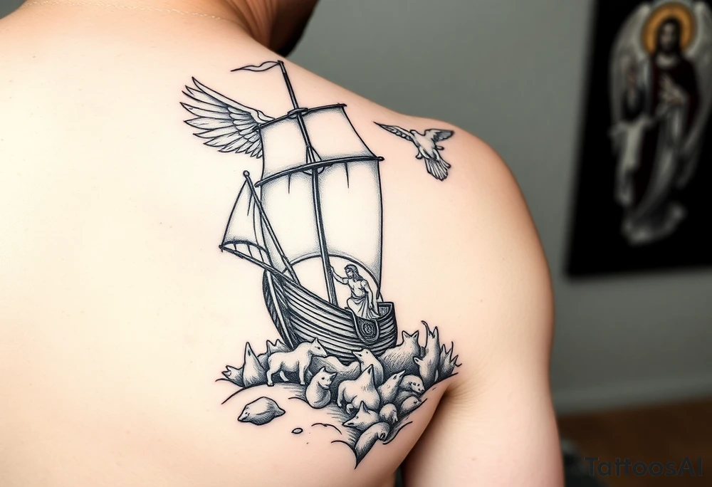 blend a viking sail boat, with the parabel of the fishermen in the sea with gods reaching down to save them, include jesus holding a lamb, include a valley of death and st michael the arch angel for a sleeve right arm man tattoo idea