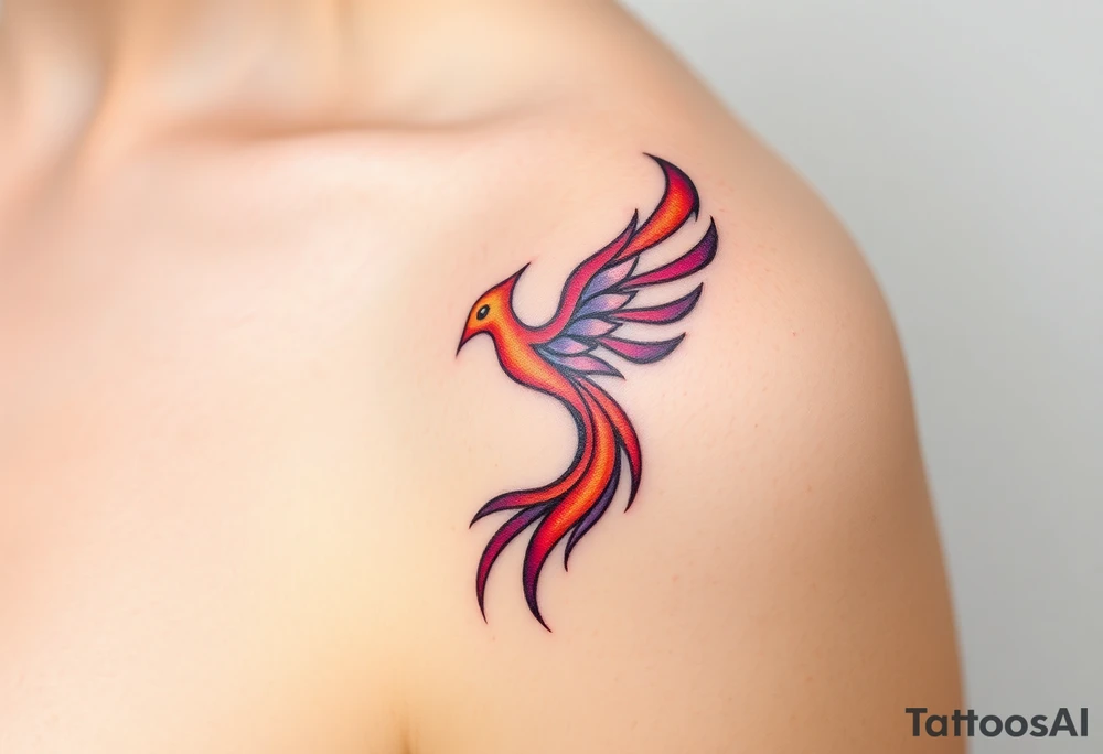 Phoenix rising from the ashes with the colors red, pink, orange and purple. Size 3 cm wide and 5 cm high tattoo idea