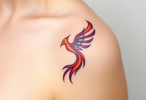 Phoenix rising from the ashes with the colors red, pink, orange and purple. Size 3 cm wide and 5 cm high tattoo idea