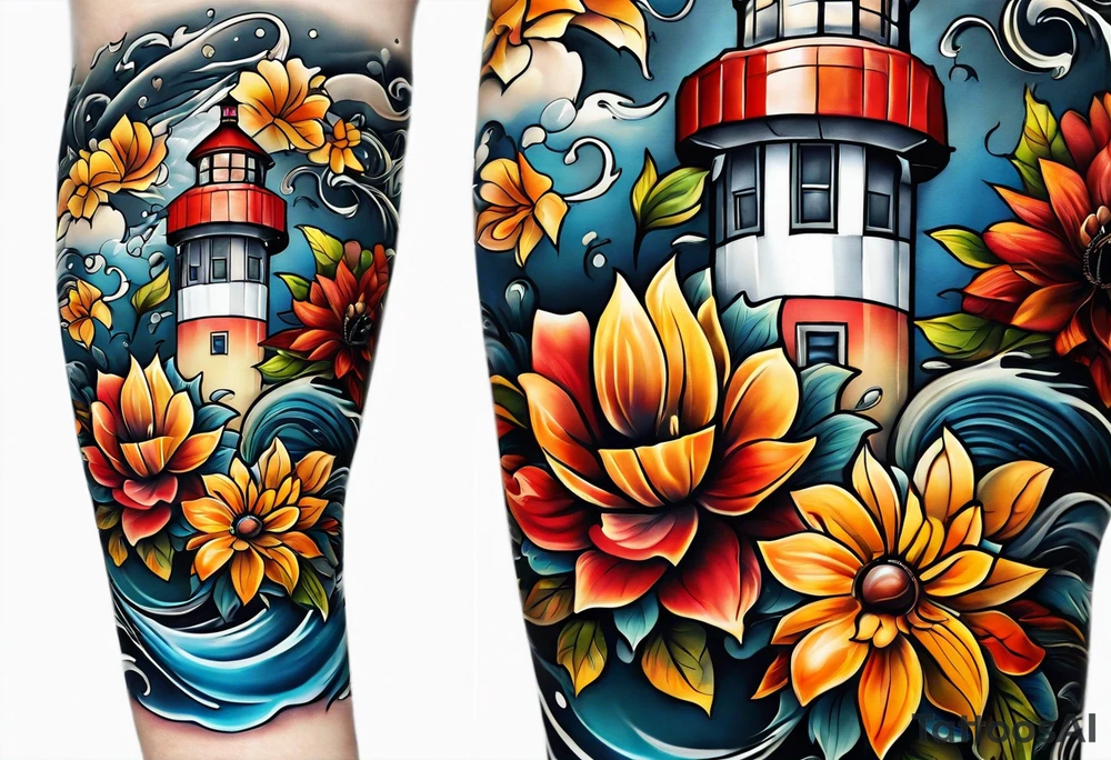 Arm sleeve with fall colors, various flowers, water flow, water splash, light house tattoo idea