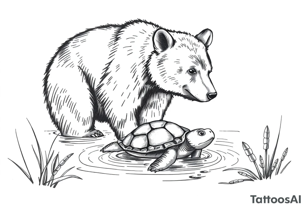 A bear in the Wild with a turtle in a lake tattoo idea