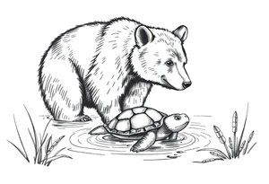 A bear in the Wild with a turtle in a lake tattoo idea