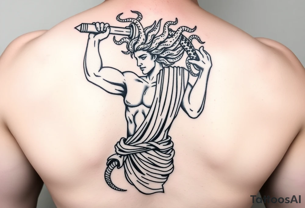 Perseus the Greek hero, holding Medusa’s severed head in victory, black and white and a part of a leg sleeve. Medusa the Greek monster with snakes as hair and Perseus should be in Greek armor. It’s going on my leg tattoo idea
