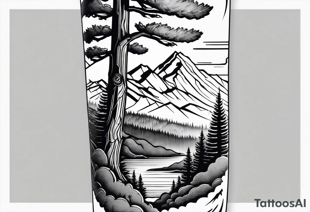 sleeve with trees, mountains and skier tattoo idea