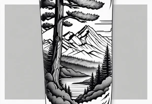 sleeve with trees, mountains and skier tattoo idea