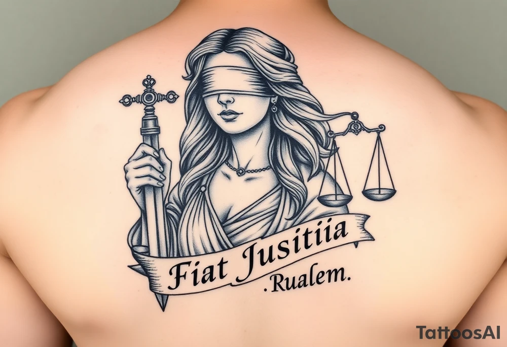 A striking black and grey tattoo design of a regal, blindfolded woman, symbolizing justice. She has an air of strength and wisdom, with flowing hair and a serene yet powerful expression. One breast must be exposed, representing vulnerability and truth. She holds a sword in one hand, symbolizing enforcement of justice, and a set of scales in the other, signifying balance. The Latin phrase ‘Fiat Justitia Ruat Caelum’ is elegantly inscribed in a classical, Roman-inspired font, either flowing beneath her or wrapping around the design. The overall style is a fusion of realism and fine-line tattoo artistry, with intricate shading and dramatic contrasts to give depth and texture tattoo idea