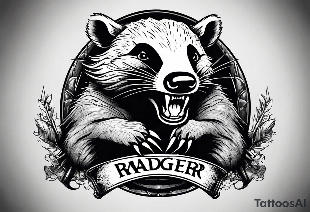 Draw me hunting badger with aggressive full body, killer face with a smile, very long nails and he attacks like a Turkish gladiator to enemy and also he has very deadly looking. The only weapon is his braveness he fights with his nails. Everybody scares after their first sight. And horror type Badger this is. tattoo idea