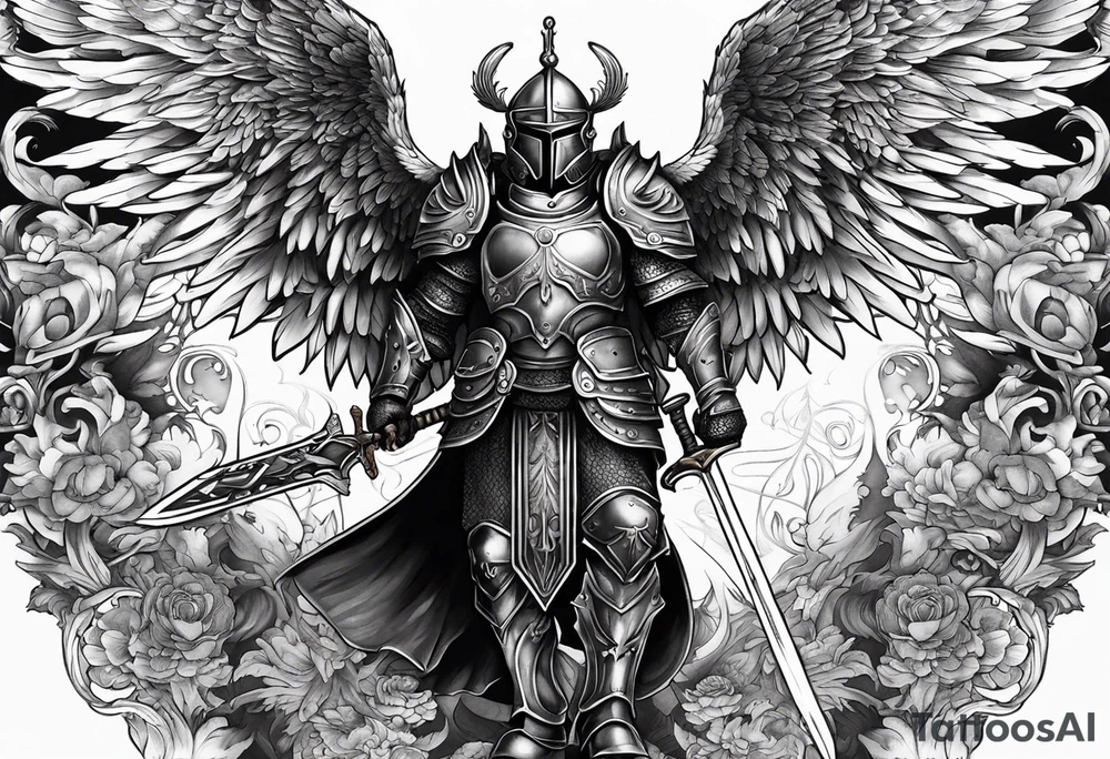 A twelve winged angel in full armour with overly large sword

Powerful demon commander faces a powerful angel commander in the centre of the tattoo idea