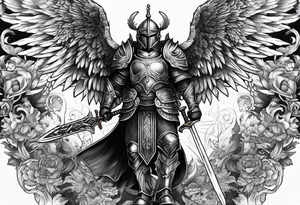 A twelve winged angel in full armour with overly large sword

Powerful demon commander faces a powerful angel commander in the centre of the tattoo idea