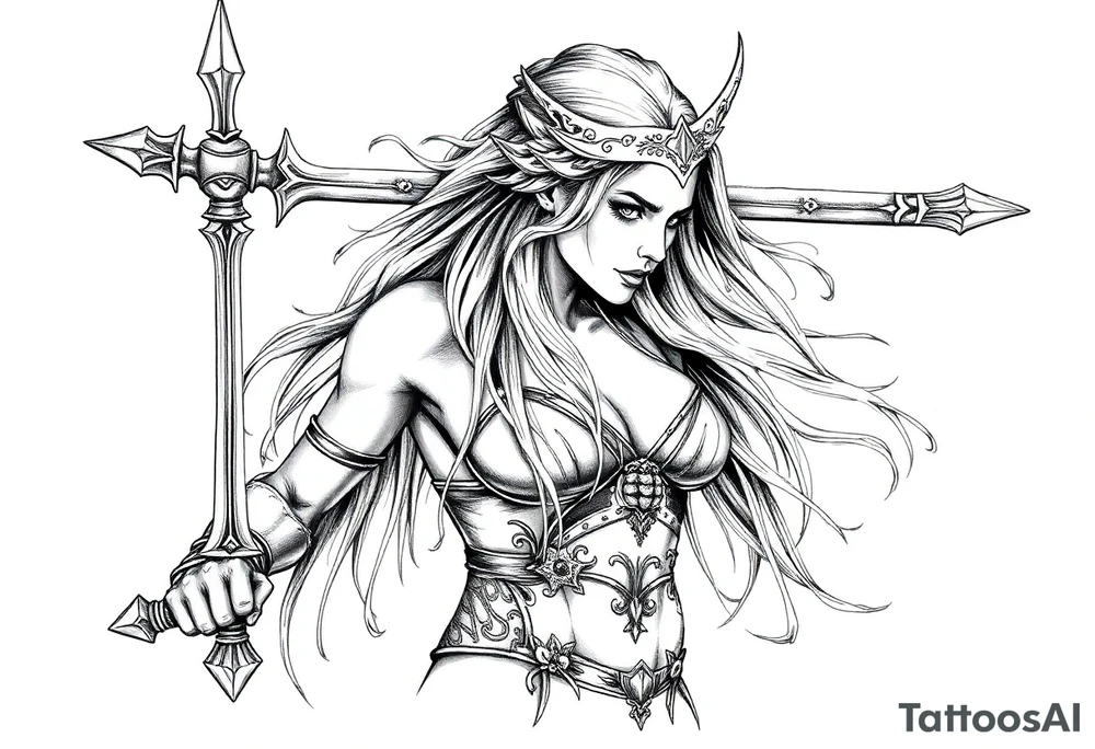 Viking goddess warrior full body sexy long hair pin up tattoo idea