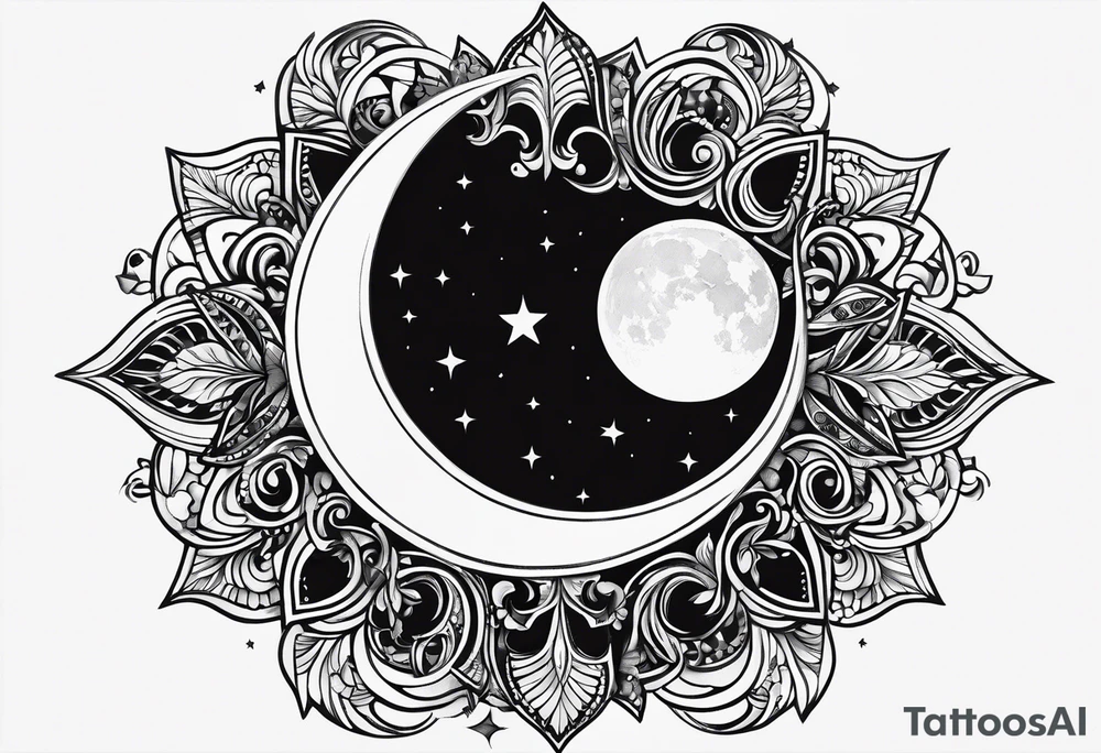 The sun covering half of the Waning crescent moon tattoo idea