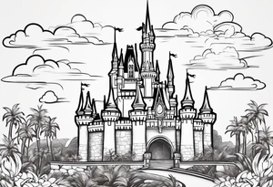 disney castle with lightning palm trees and a mickey mouse tattoo idea