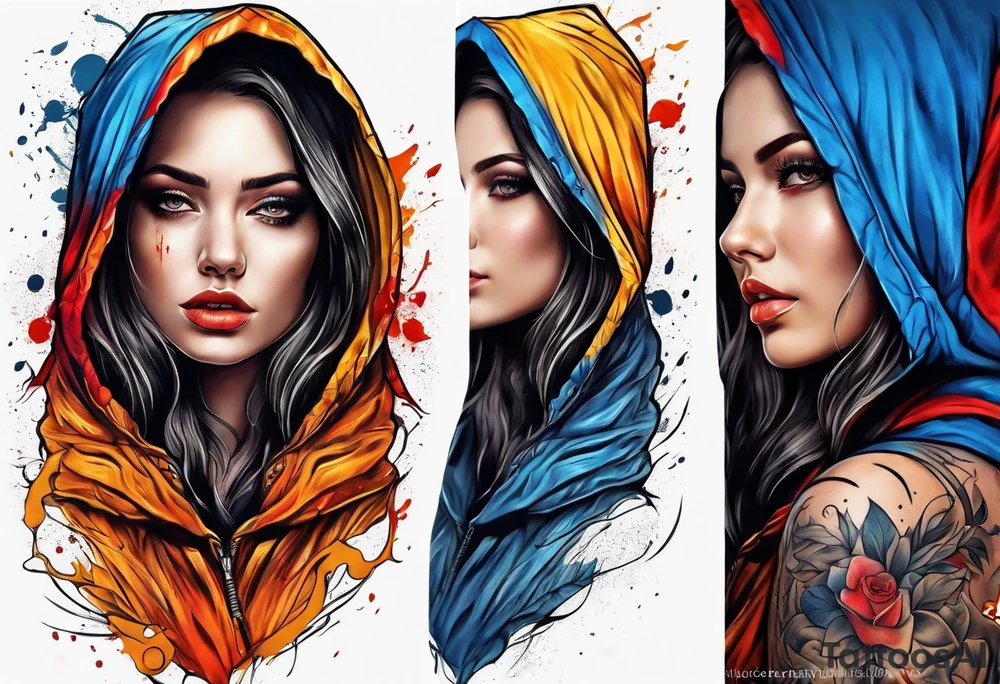 Orange yellow red blue hooded woman blood scars tattoo idea