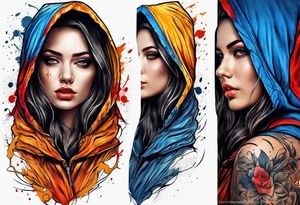 Orange yellow red blue hooded woman blood scars tattoo idea