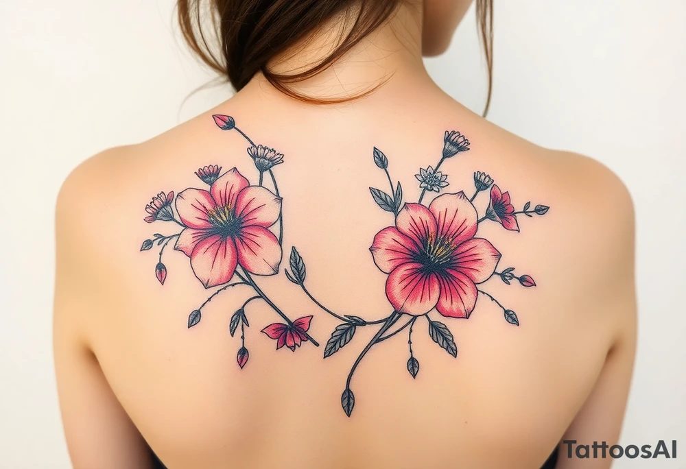 wild hibiscus and meadow flowers with morning dew drops and foxes tattoo idea
