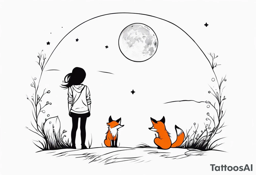 A little girl and a fox looking at the moon, we see them from behind tattoo idea