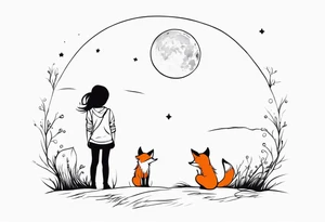 A little girl and a fox looking at the moon, we see them from behind tattoo idea