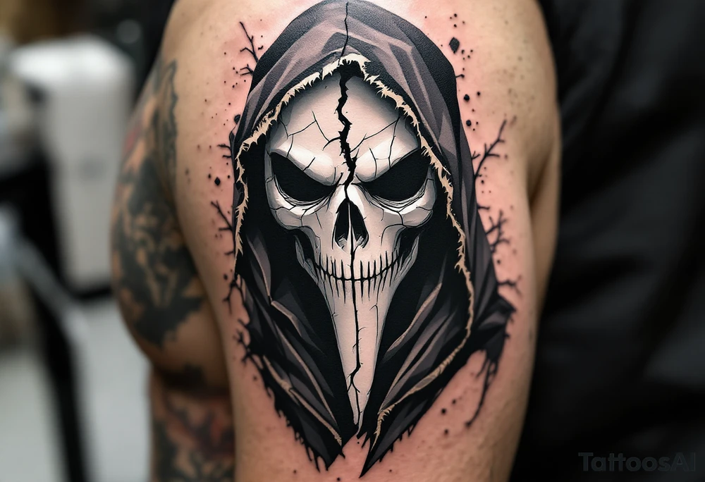 Plague Doctor with Broken Mask – A sinister plague doctor with tipical mask and a fractured porcelain-white mask, revealing hollow darkness beneath. The robes are dark gray with frayed edges, giving the figure an eerie, ghostly presence. tattoo idea