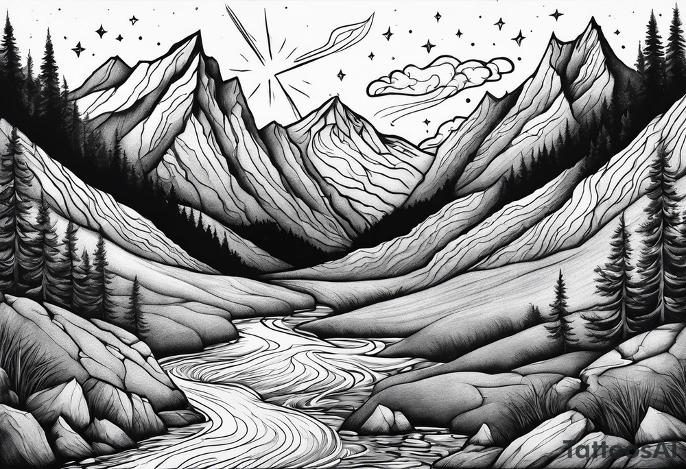 mountains, nature, stars, cross, waterfall, water tattoo idea