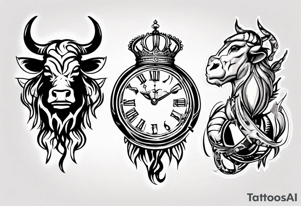 Ballon de foot avec le numéro23 ,  une horloge avec une couronne,  le tout avec au fond un taureau tattoo idea