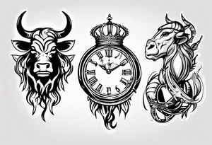 Ballon de foot avec le numéro23 ,  une horloge avec une couronne,  le tout avec au fond un taureau tattoo idea