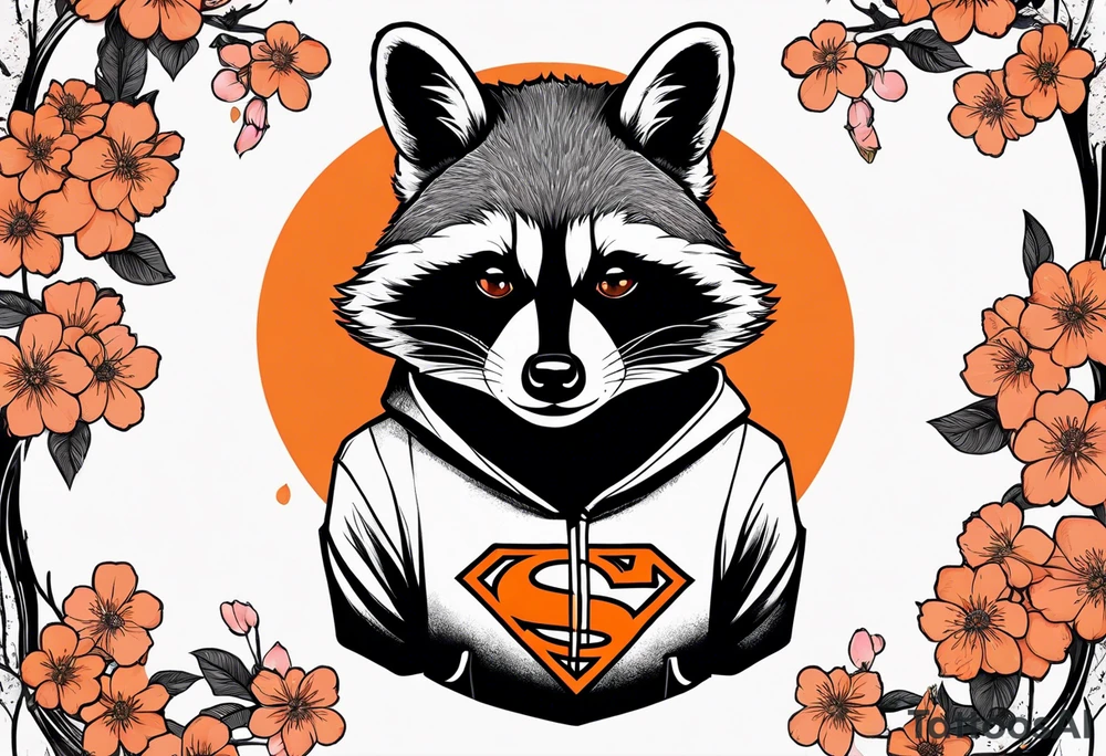 raccoon wearing a black and white Superman hoodie and orange Japanese cherry blossoms tattoo idea