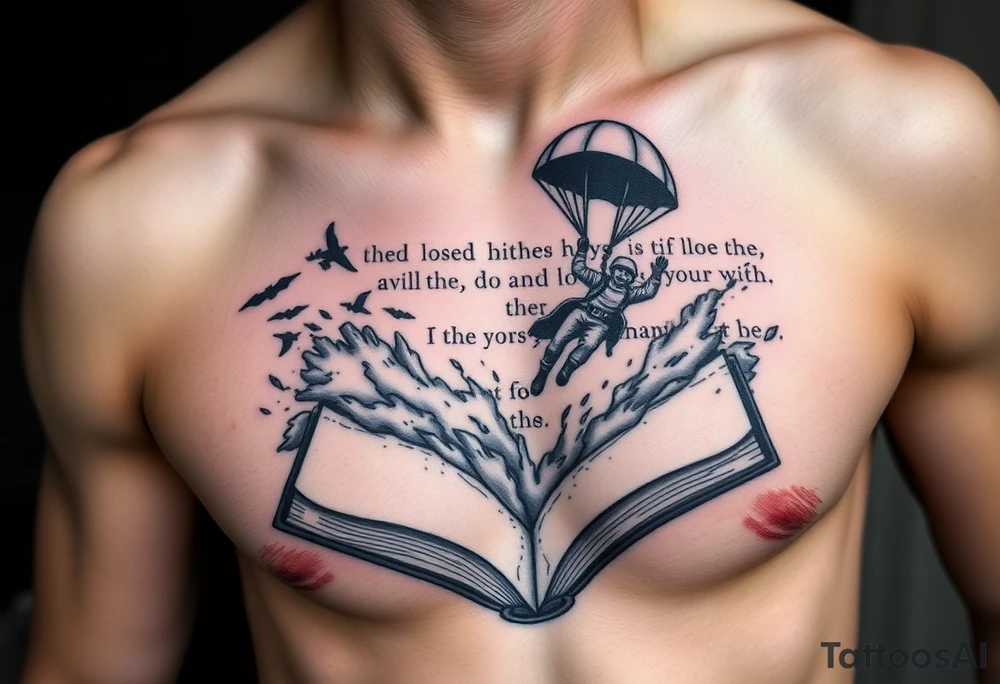 A parachuting soldier falling into an open book. Chaos surrounding, but the book is protecting the soldier from it. On the chest. Make the tattoo smaller. Make it thought provoking. Make the chaos in the environment be an eerie mist. Make the pages in the book be blank. Just one soldier, no other characters. the book is old. tattoo idea