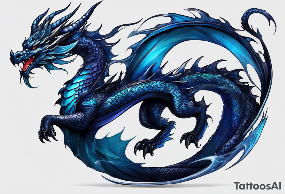 An epic floating dragon. Its long body coiling dynamically, with scales and horns detailed to create a sense of movement and strength. The dragon's main color is midnight blue, giving a vibrant depth and a mystical aura. This tattoo highlights the dragon’s fierce expression and sharp claws. tattoo idea