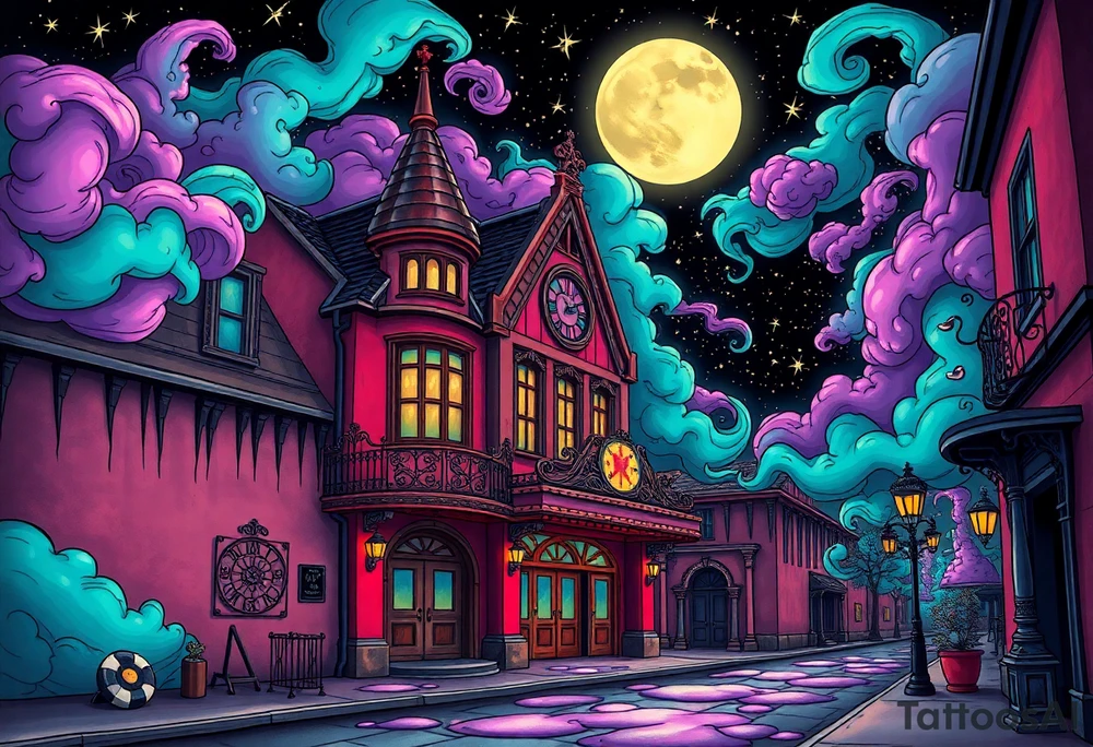 Tim Burton’s old victorian theatre from outside view is the street abandoned and dripping with muted reds, dusty pinks, and eerie green glow purple and cyan smokey clouds swirl and dance in the moonlit night sky filled with twinkling stars  tattoo idea tattoo idea