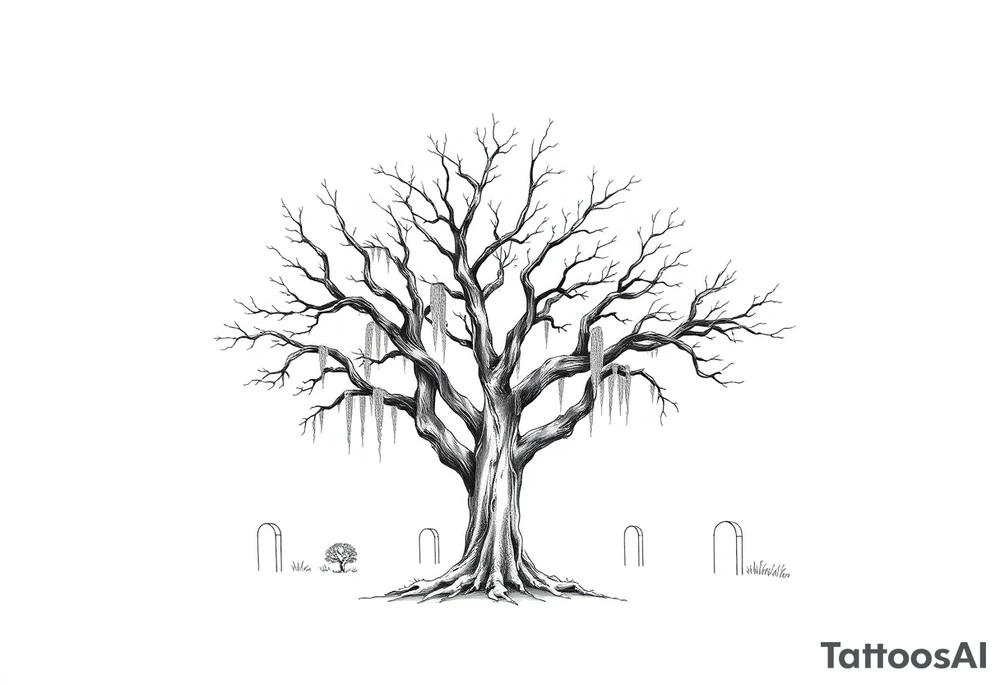 Laurel oak with Spanish moss in a cemetery tattoo idea