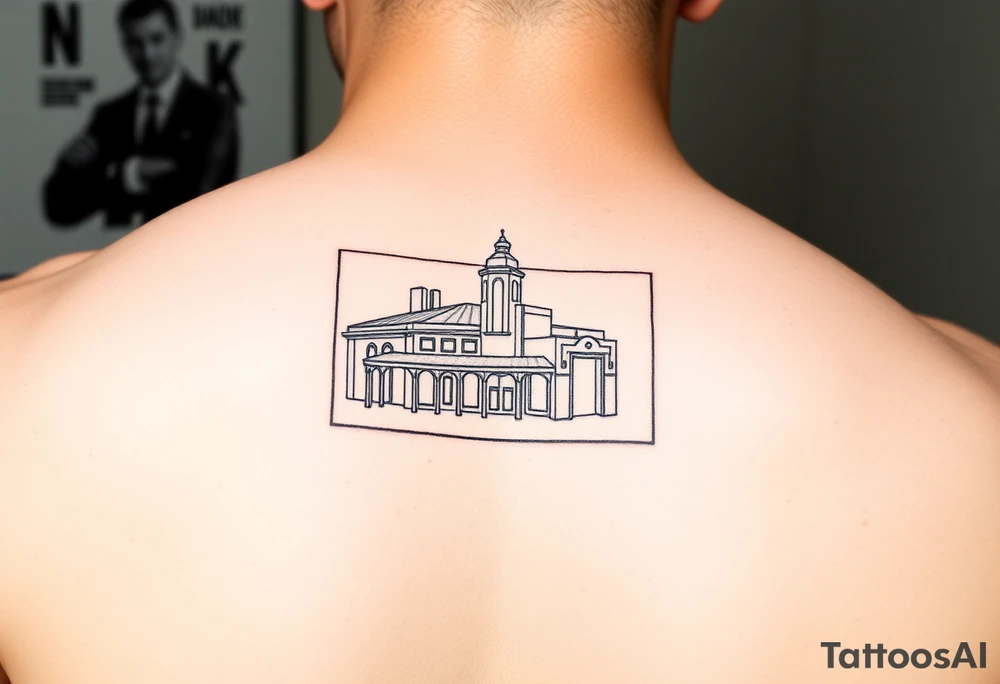 A Simple line drawing of flinders street station outlined in a portrait rectangle box on the bottom of the tricept above the elbow tattoo idea