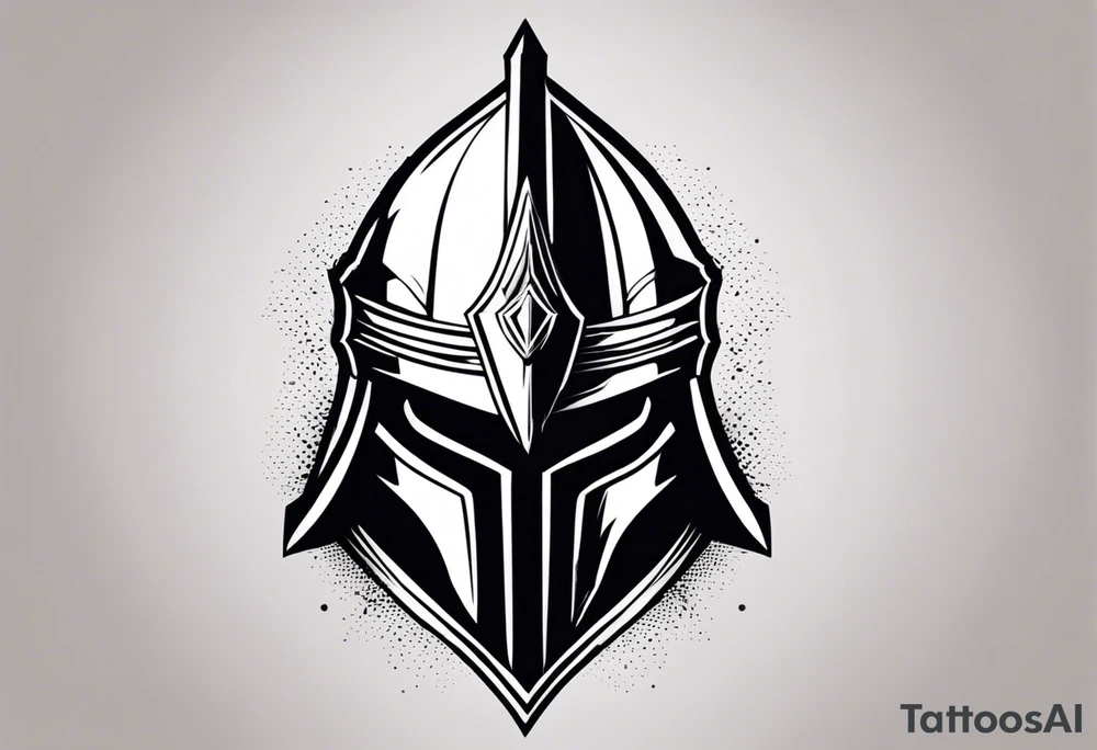 Design a tattoo featuring a sharp, angular warrior’s helmet with a bold, pointed crest and two narrow, triangular eye slits. A prominent scar runs diagonally through the right eye slit, starting above the slit, cutting through its middle, and continuing below the lower edge. The scar should have slightly jagged edges with natural tapering at both ends, resembling a healed wound on metallic armor. The helmet should include symmetrical engravings and subtle scratches, giving it a battle-worn appearance. Use clean, sharp lines with minimal shading, ensuring the design focuses entirely on the helmet and scar as a standalone tattoo, without any background or skin visualization. tattoo idea