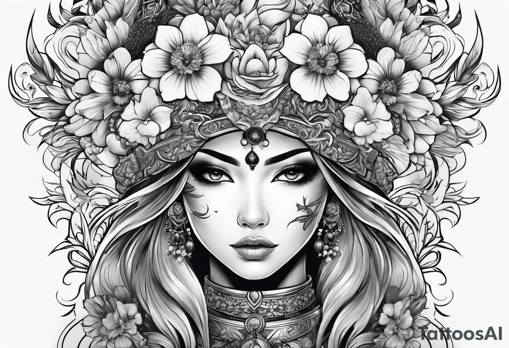 ornate beautiful woman warrior with weapon floral  tattoo tattoo idea