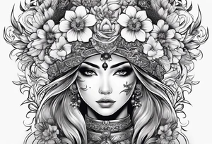 ornate beautiful woman warrior with weapon floral  tattoo tattoo idea