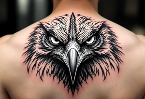 all seeing gaze and sharp talons with feather in beak tattoo idea