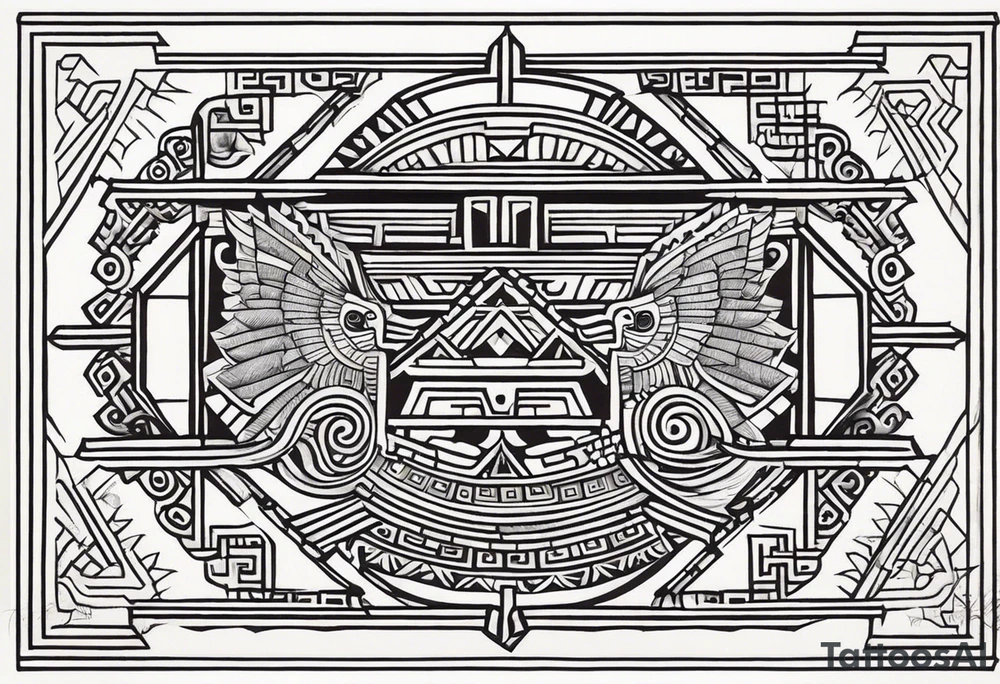 Create a right chest tattoo of Quetzalcoatl based on the original depiction discovered in the Pyramid of the Sun at Teotihuacan. Use the ancient feathered serpent form, with Quetzalcoatl's body coiling in a strong, fluid motion across the chest. Maintain the authenticity of the Teotihuacan style, with bold, angular geometric patterns and intricate detailing in the scales and feathers. The face should feature a traditional Mesoamerican headdress and mask, with the god's fierce, regal expression preserved. Make the eyes intense and striking, with sharp fangs protruding. Use black and gray shading to give the design depth, keeping the ancient stone carving aesthetic, but add subtle modern touches to enhance the masculine and powerful feel. Incorporate authentic Aztec motifs around the serpent, like the sun and stepped pyramids, as part of the chest piece to anchor the design in its historical context tattoo idea