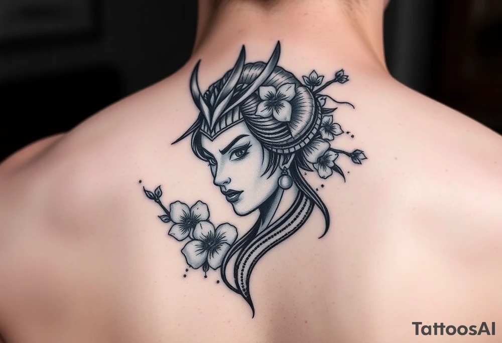 Samurai women face
 with a with cherry blossom with wind tattoo idea