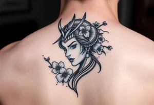Samurai women face
 with a with cherry blossom with wind tattoo idea