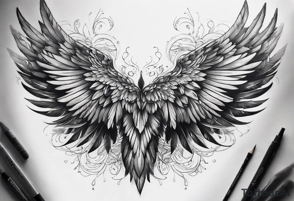 wings extending from a mens shoulders, covering the upper arms and upper back. The feathers are intricately detailed, with soft shading in black and gray to create depth and texture. The wings gently converge in the middle of the back, forming a harmonious and cohesive design. tattoo idea