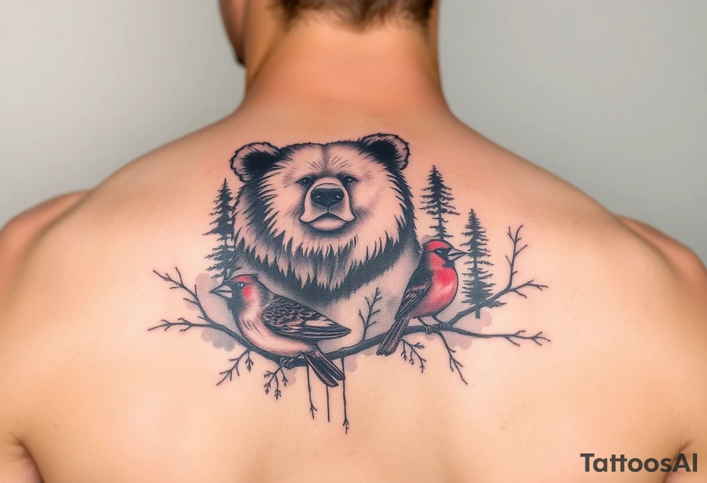 Realistic Woodland with a bear, woodpecker and cardinal tattoo idea