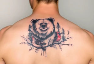 Realistic Woodland with a bear, woodpecker and cardinal tattoo idea