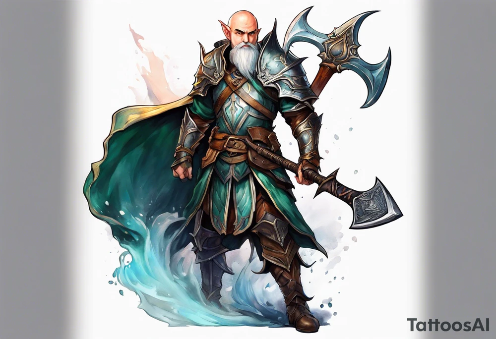 a full-body picture of a human elf, bearded bald male, paladin, holding a battle axe, on my left forearm tattoo idea