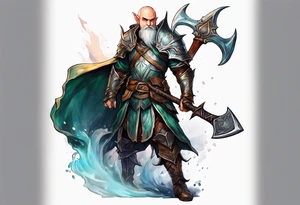 a full-body picture of a human elf, bearded bald male, paladin, holding a battle axe, on my left forearm tattoo idea