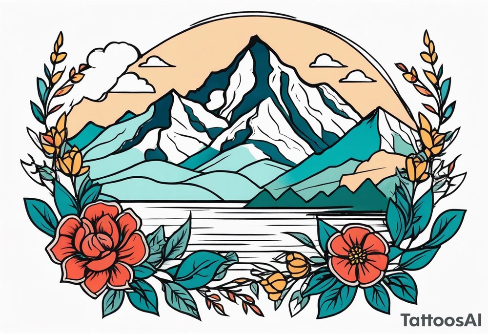 mountains
old school vintage simple traditional design with vintage flowers surrounding
bold color simple tattoo idea