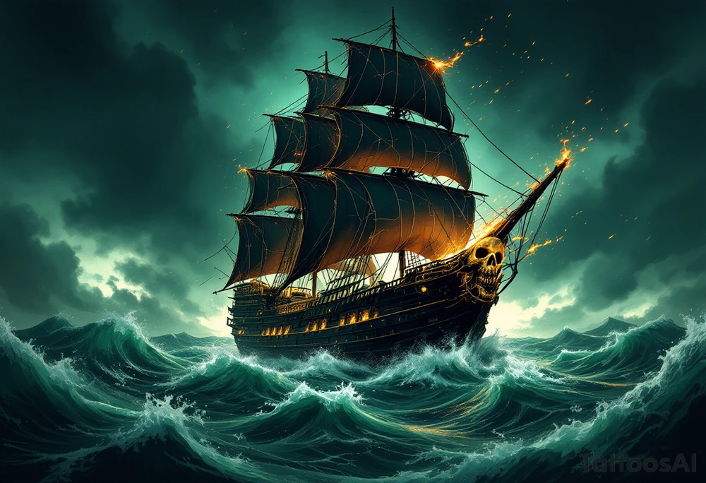 Tidebreaker Warship – A massive black pirate galleon with ripped sails, cutting through emerald green waves. The golden skull figurehead glows in the moonlight, and flashes of cannon fire illuminate the stormy sky. tattoo idea